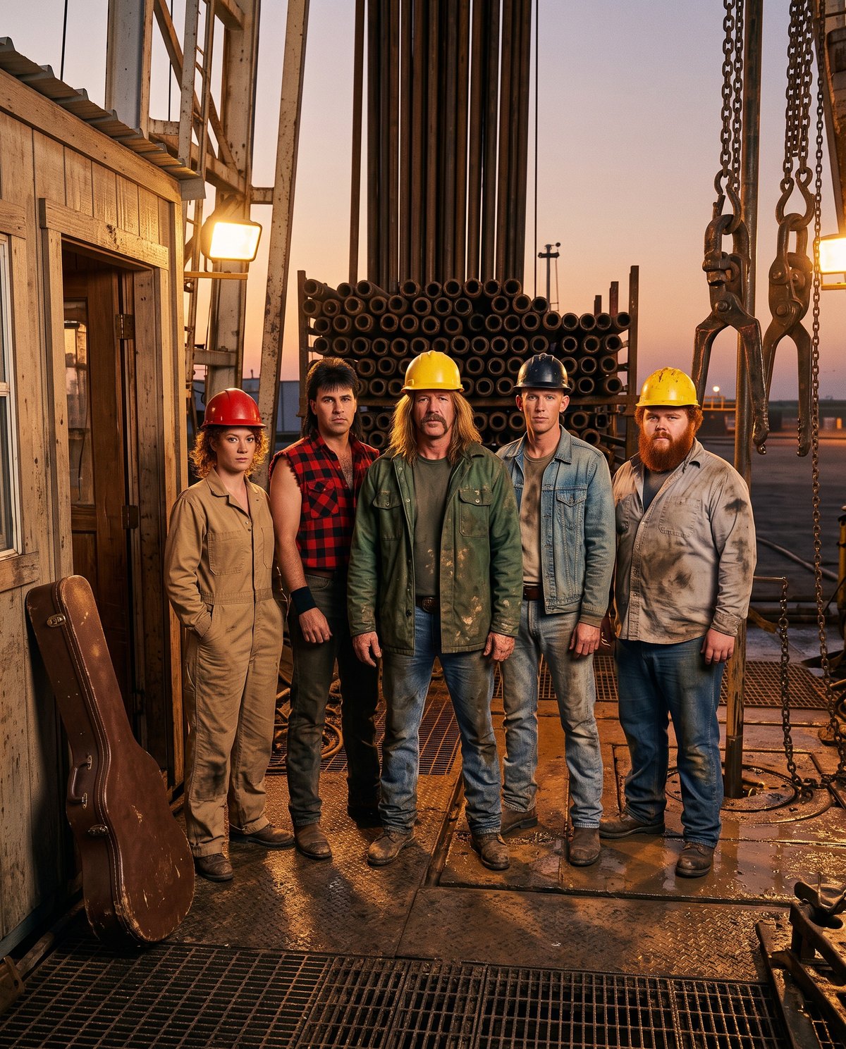 The five members of the band standing in a line on the rig floor beside the doghouse, in hard hats, with a guitar case against the wall and stands of pipe behind
